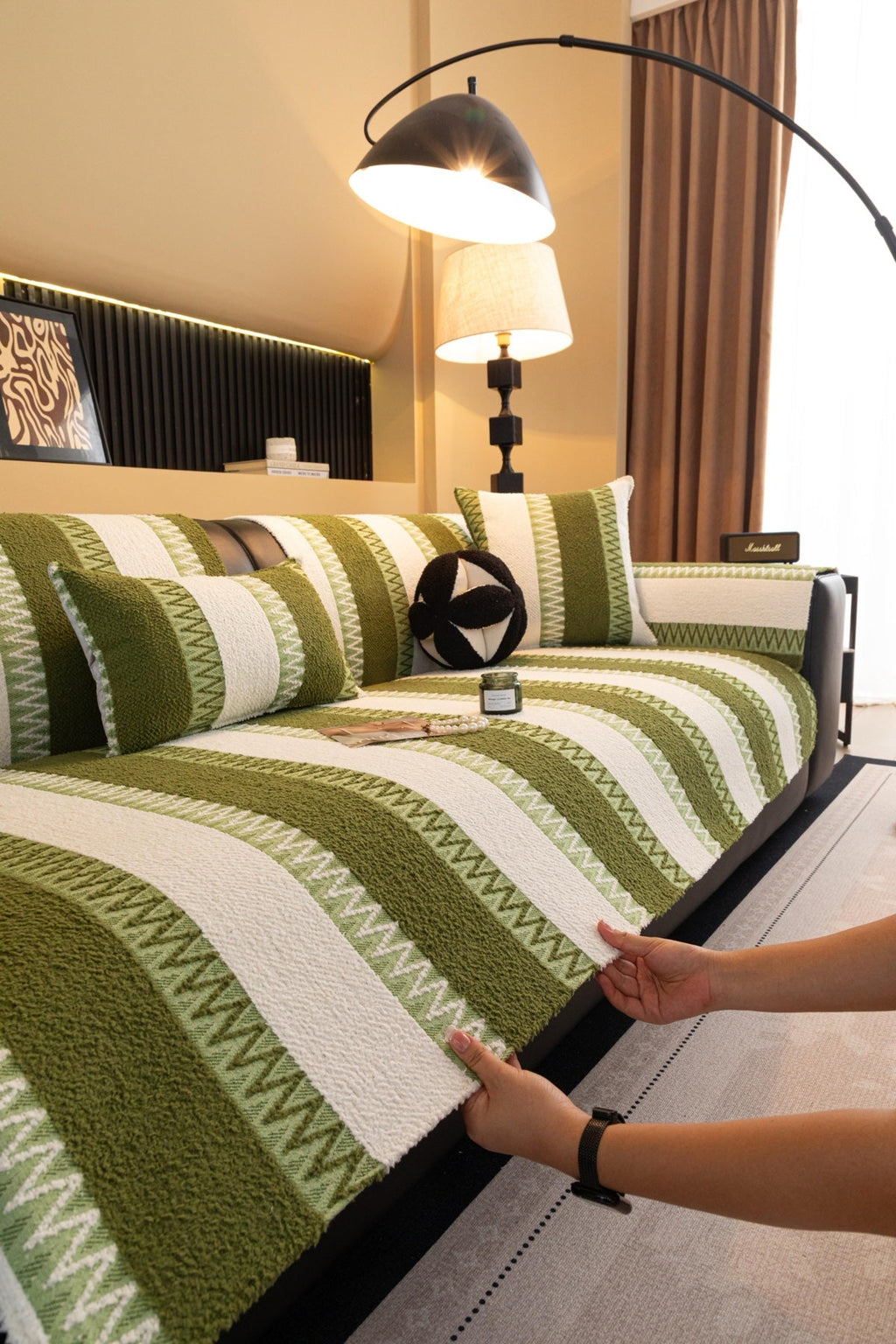 Sofa Decor Marlow Plush Stripe Sofa Seat Cover in Olive Green Stripe - detail image for plush striped couch cover pieces in the UK