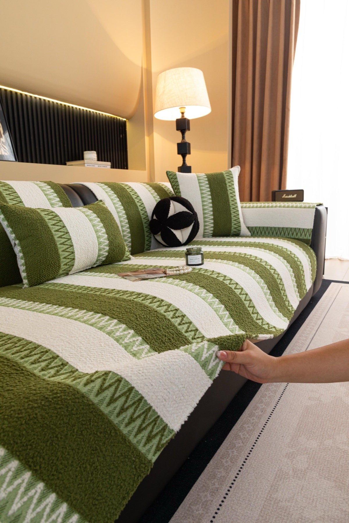 Sofa Decor Marlow Plush Stripe Sofa Seat Cover in Olive Green Stripe - detail image for plush striped couch cover pieces in the UK