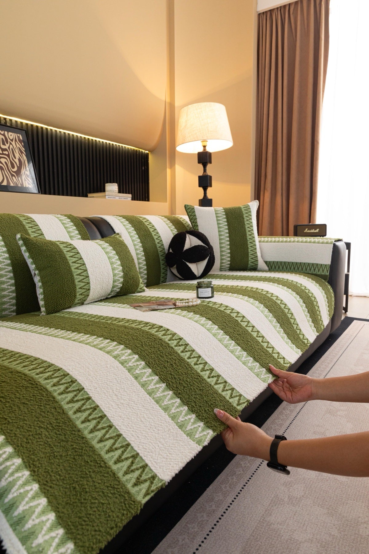 Sofa Decor Marlow Plush Stripe Sofa Seat Cover in Olive Green Stripe - detail image for plush striped couch cover pieces in the UK