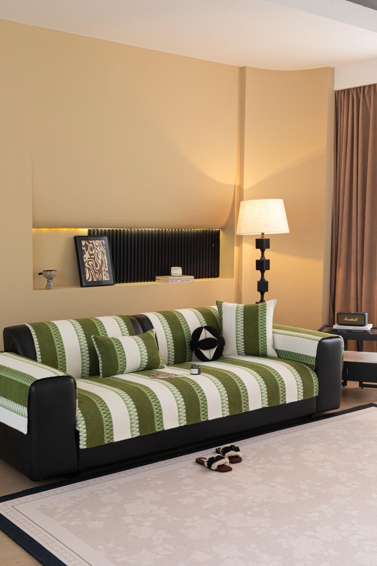 Sofa Decor Marlow Plush Stripe Sofa Seat Cover in Olive Green Stripe - detail image for plush striped couch cover pieces in the UK