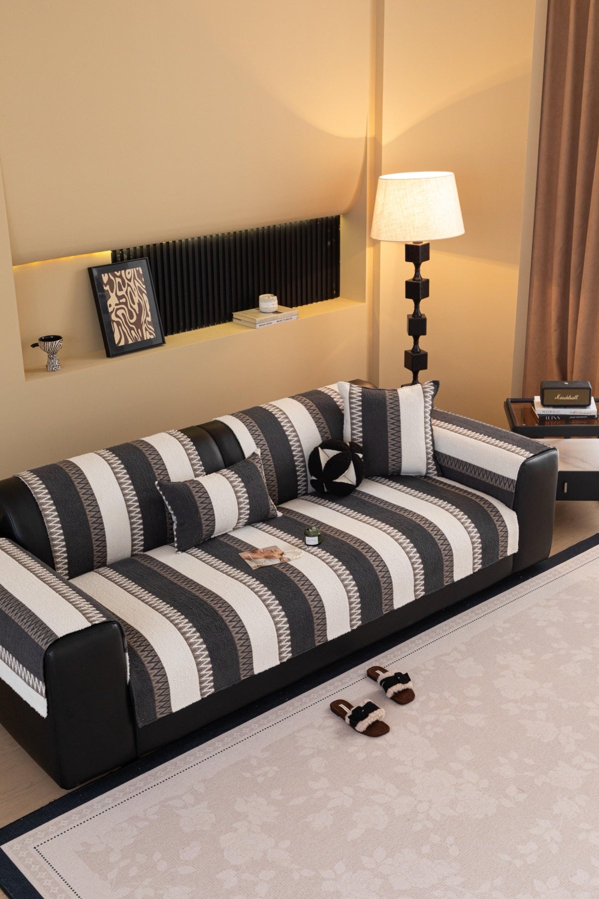 Sofa Decor Marlow Plush Stripe Sofa Seat Cover in Onyx Black Stripe - detail image for plush striped couch cover pieces in the UK