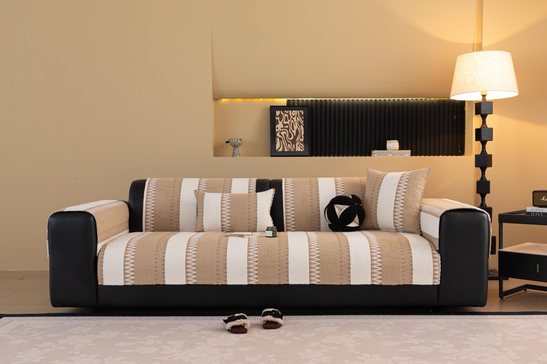Sofa Decor Marlow Plush Stripe Sofa Seat Cover in Sand Beige Stripe - lifestyle image for plush striped couch cover pieces in the UK