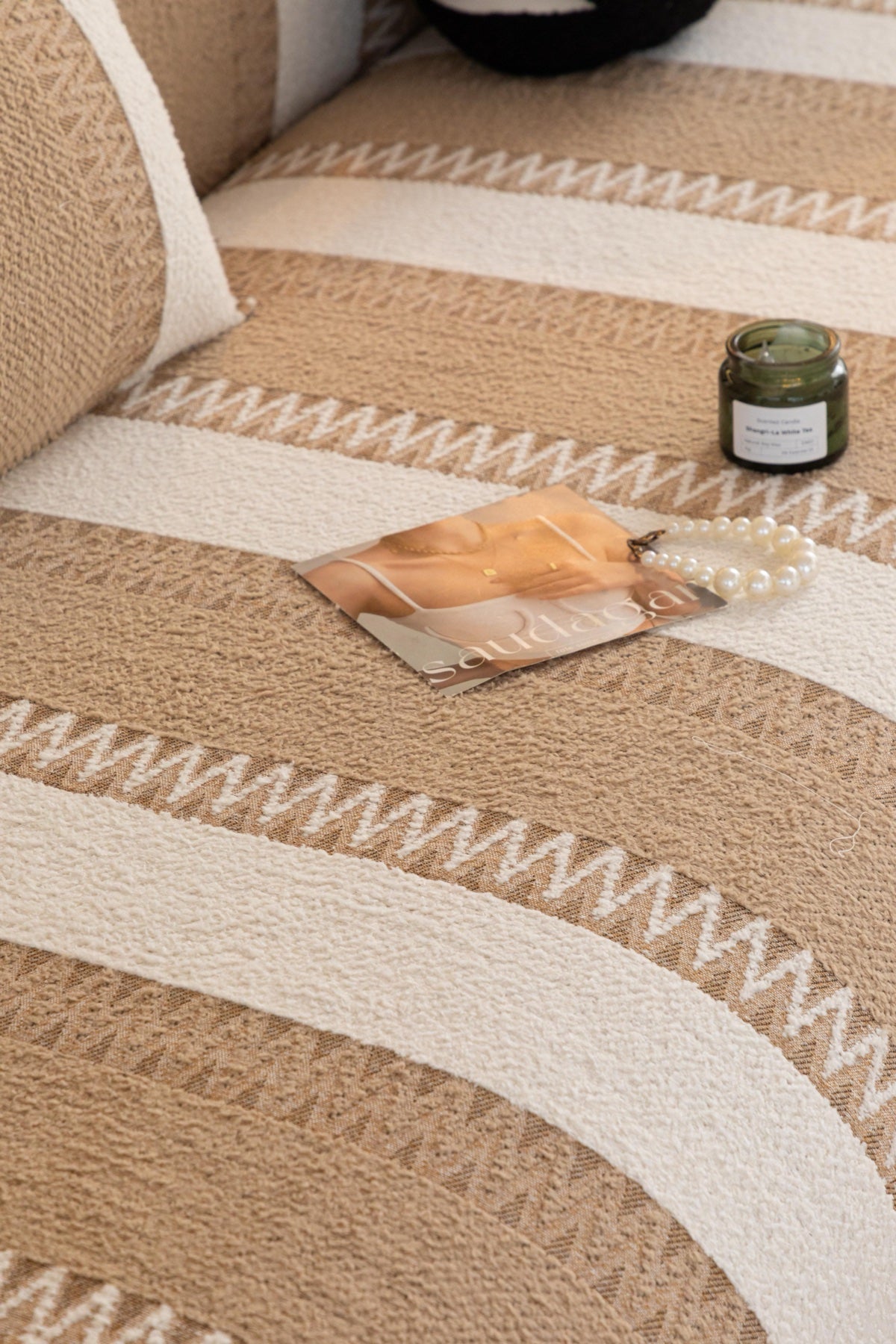 Sofa Decor Marlow Plush Stripe Sofa Seat Cover in Sand Beige Stripe - detail image for plush striped couch cover pieces in the UK