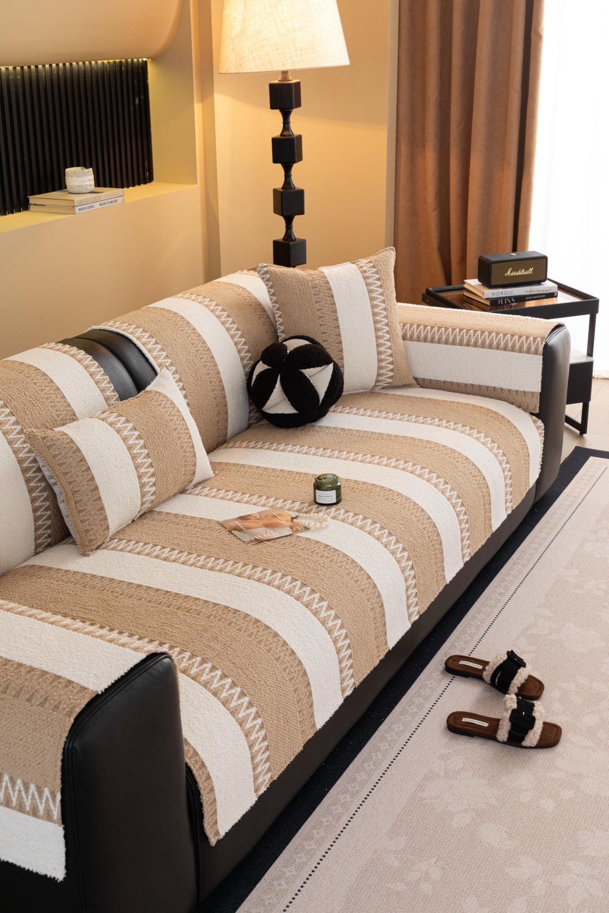 Sofa Decor Marlow Plush Stripe Sofa Seat Cover in Sand Beige Stripe - detail image for plush striped couch cover pieces in the UK