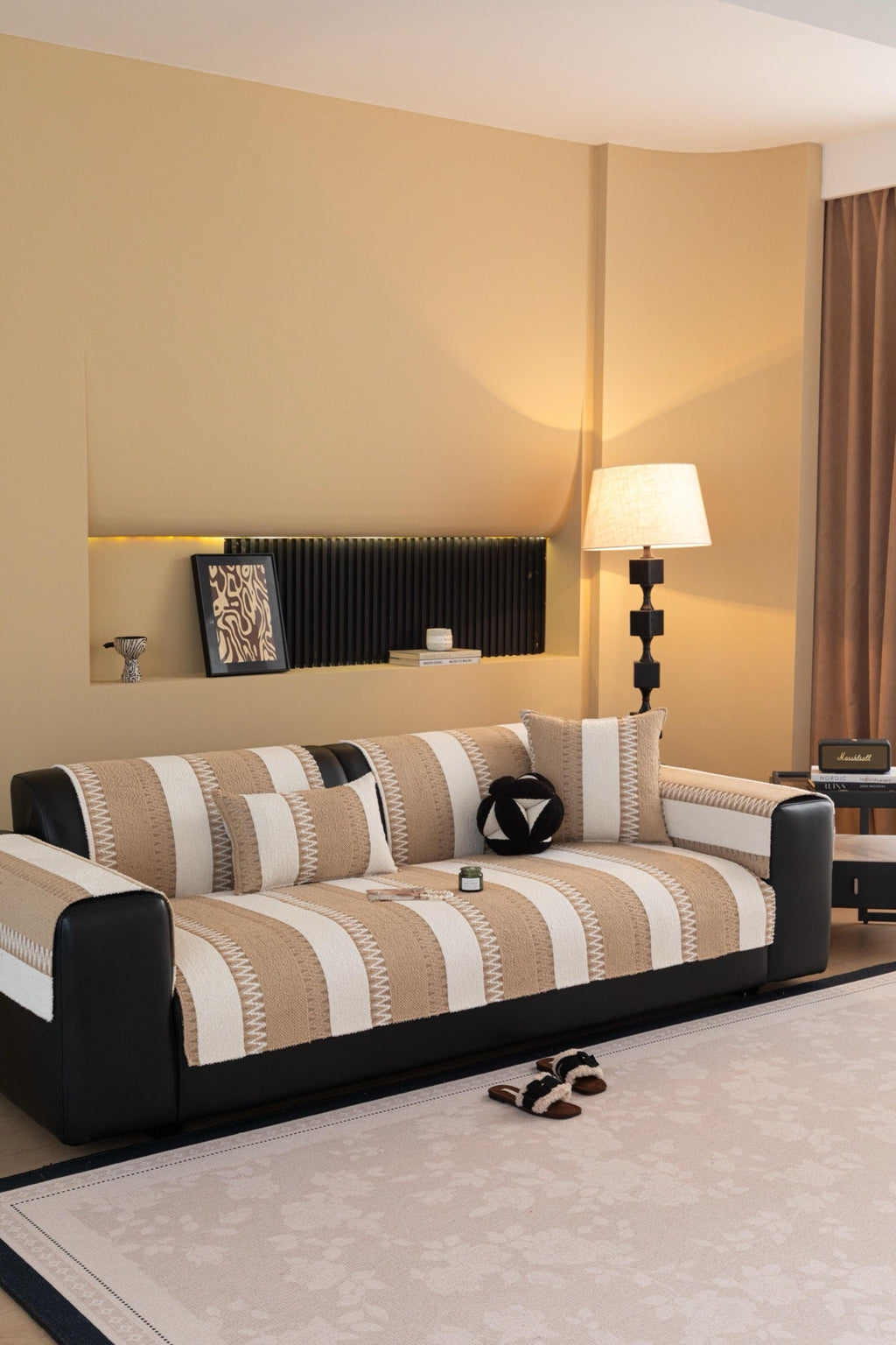 Sofa Decor Marlow Plush Stripe Sofa Seat Cover in Sand Beige Stripe - detail image for plush striped couch cover pieces in the UK