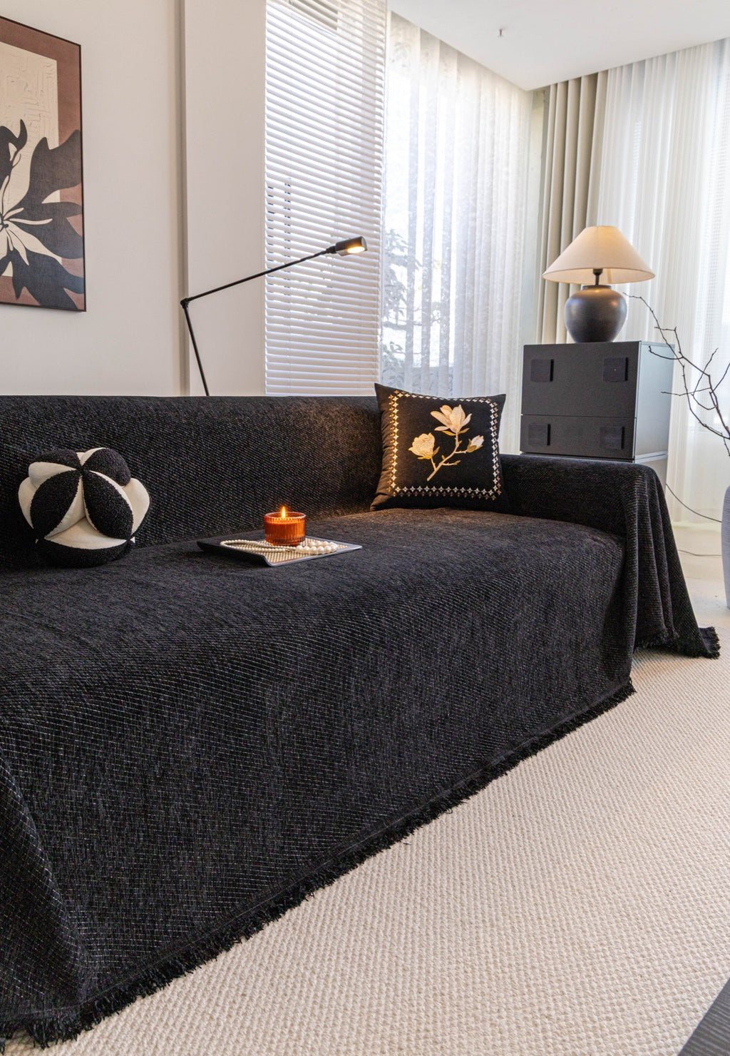 Sofa Decor Milano Ribbed Fringe Sofa Throw Cover in Charcoal Black - ribbed sofa throw cover styled couch cover in the UK, image 25