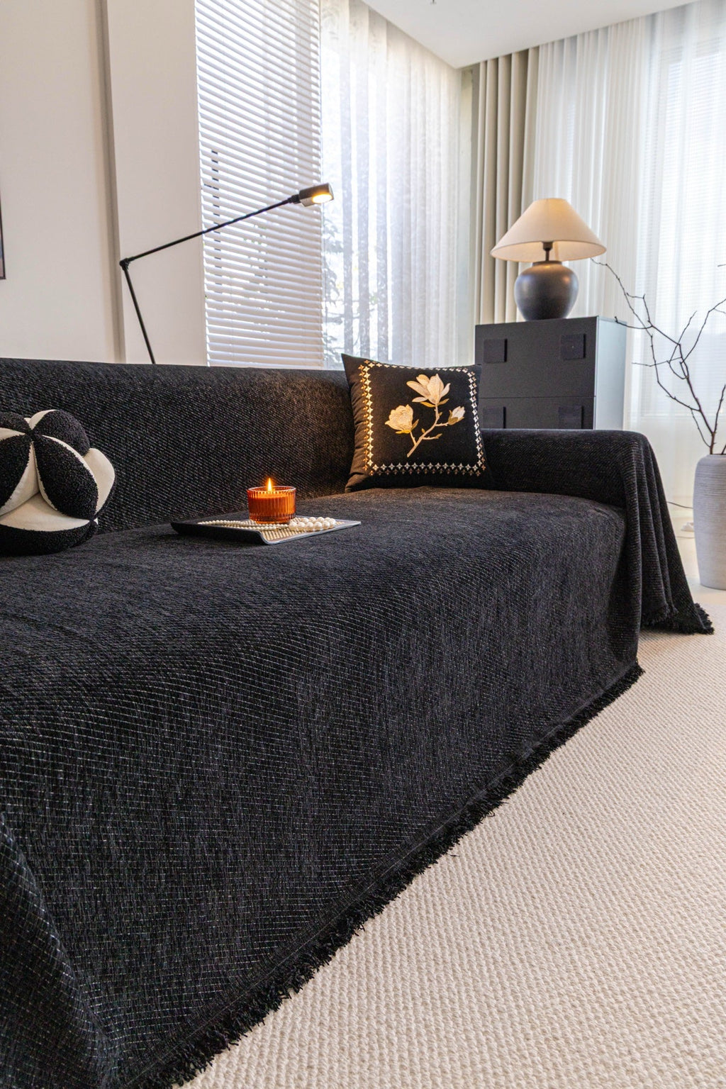 Sofa Decor Milano Ribbed Fringe Sofa Throw Cover in Charcoal Black - ribbed sofa throw cover styled couch cover in the UK, image 26