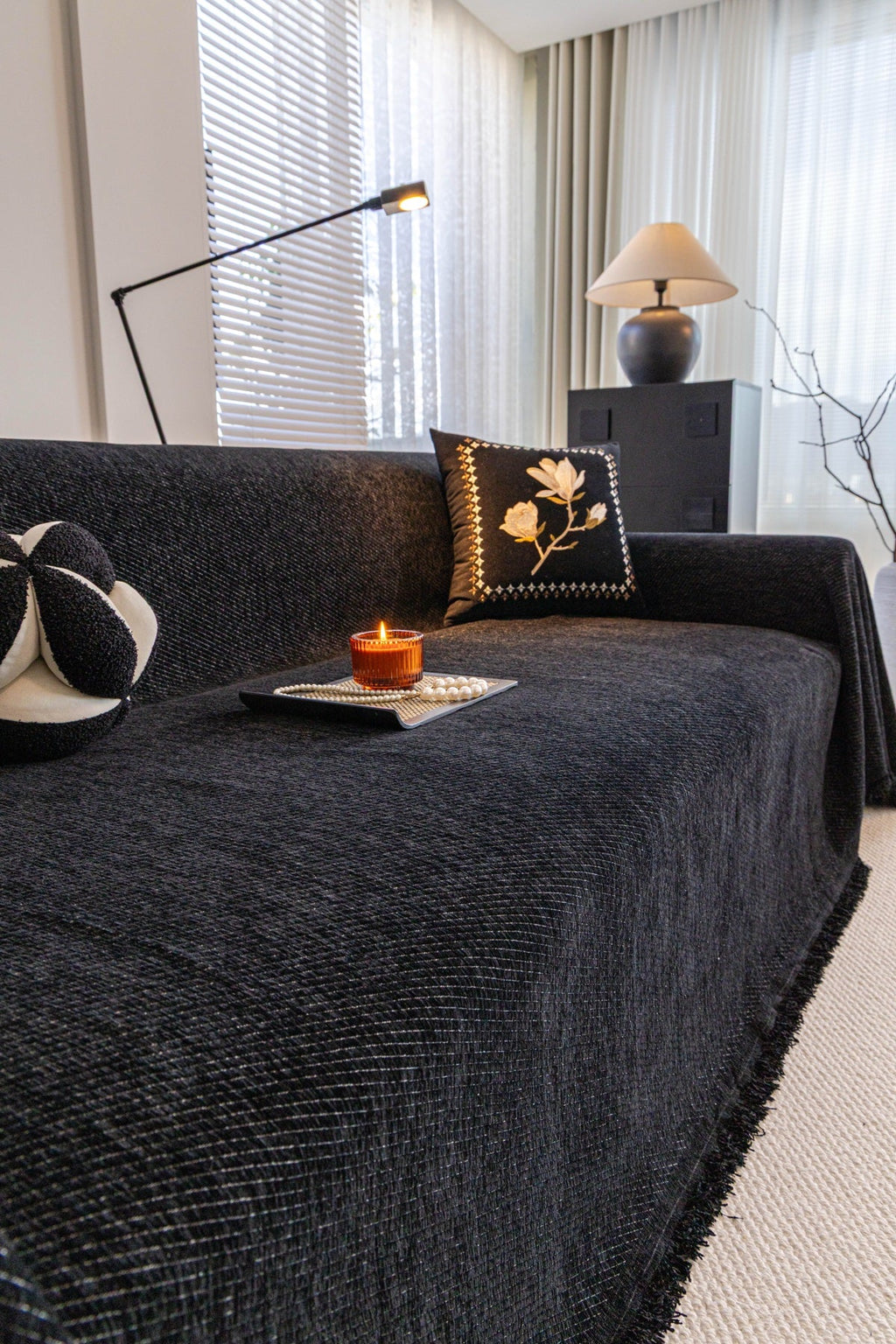 Sofa Decor Milano Ribbed Fringe Sofa Throw Cover in Charcoal Black - ribbed sofa throw cover styled couch cover in the UK, image 27