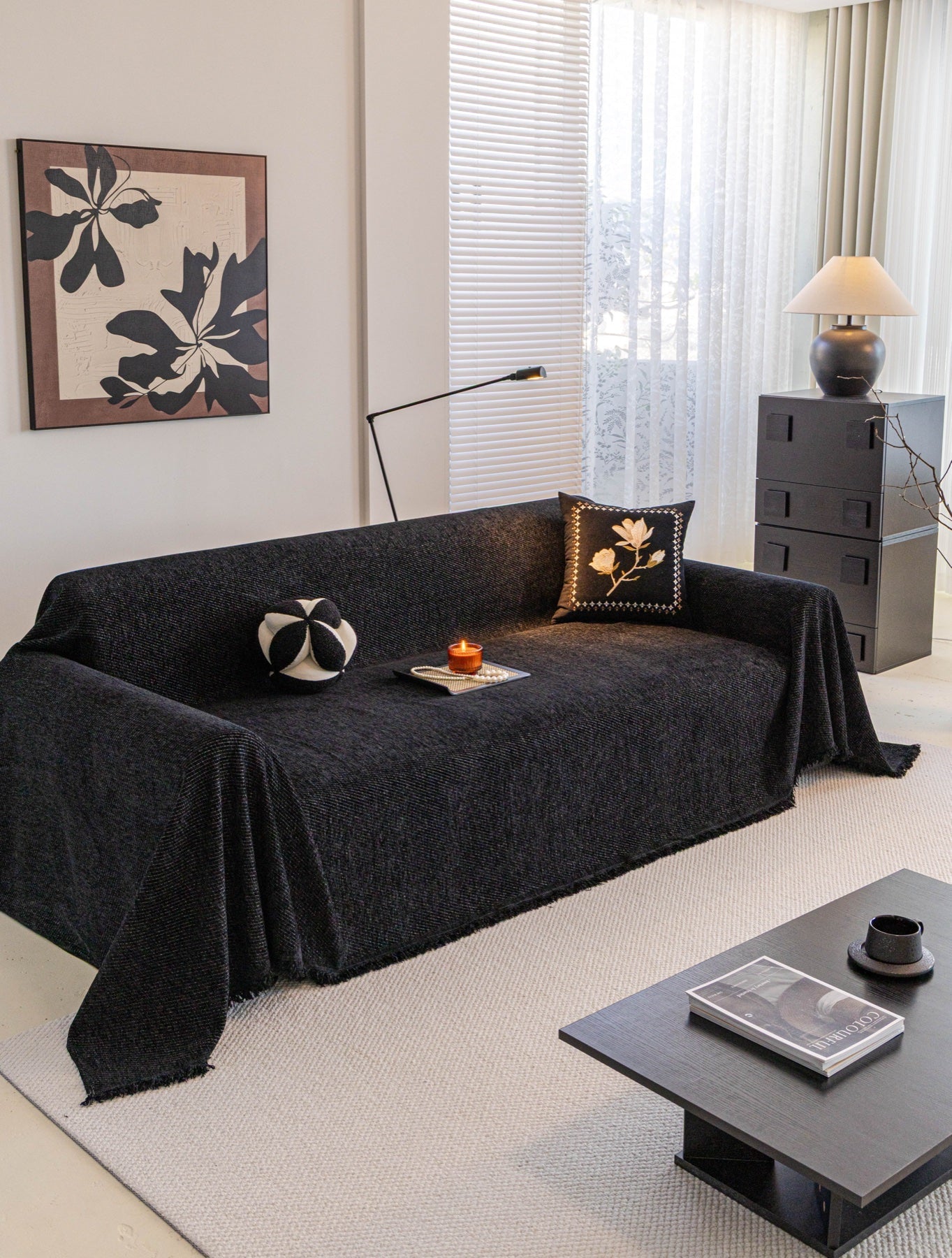 Sofa Decor Milano Ribbed Fringe Sofa Throw Cover in Charcoal Black - ribbed sofa throw cover styled couch cover in the UK, image 29