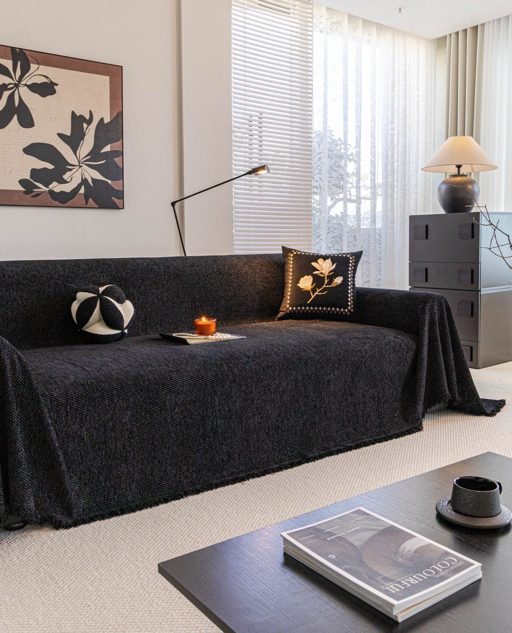 Sofa Decor Milano Ribbed Fringe Sofa Throw Cover in Charcoal Black - ribbed sofa throw cover styled couch cover in the UK, image 30