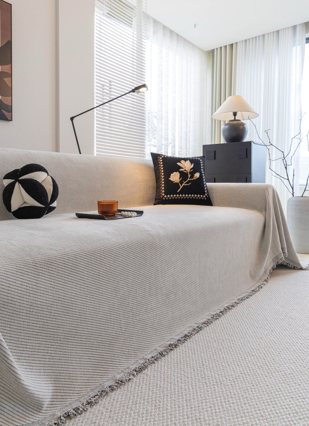 Sofa Decor Milano Ribbed Fringe Sofa Throw Cover in Cloud Grey - ribbed sofa throw cover styled couch cover in the UK, image 33