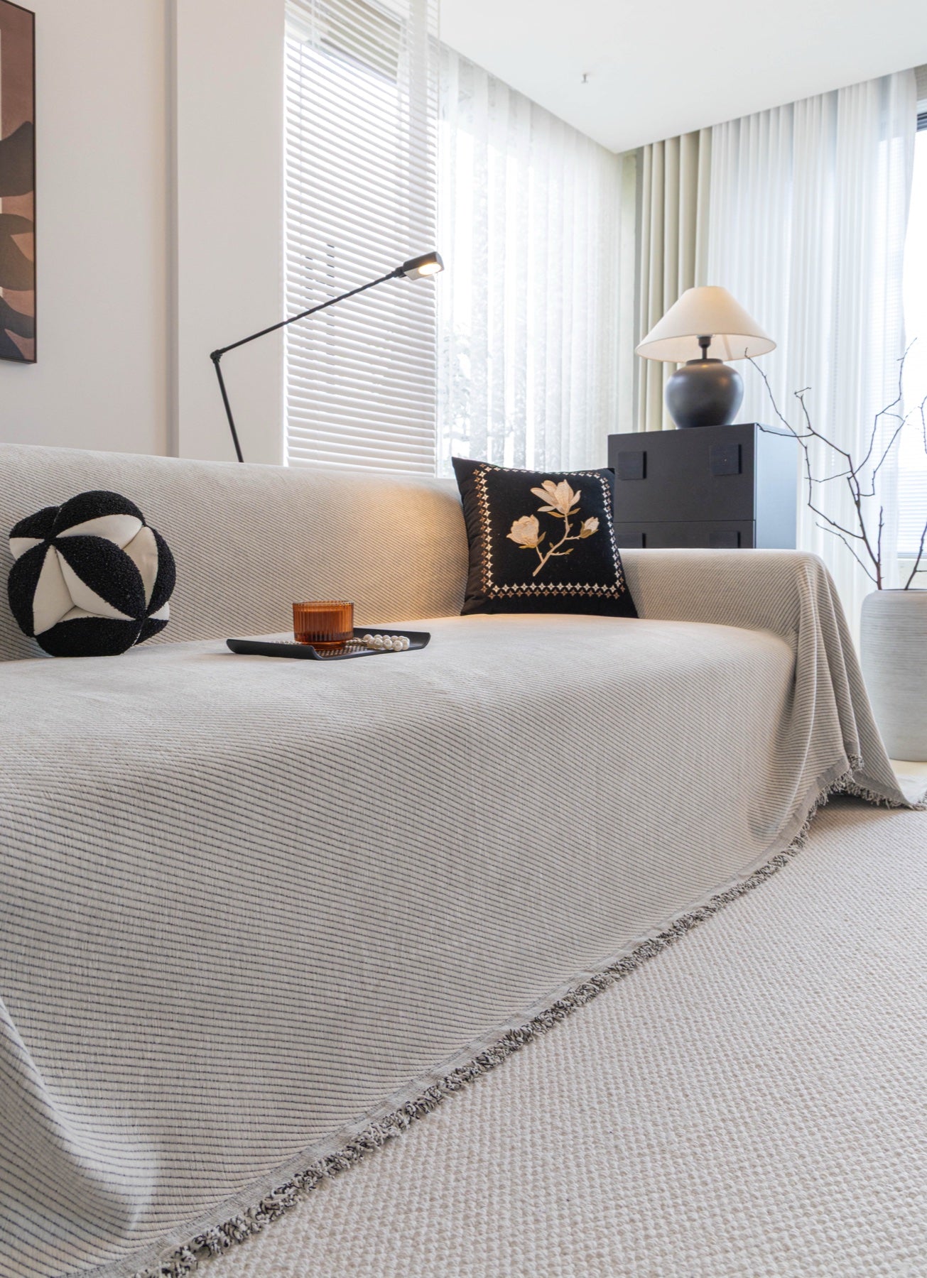Sofa Decor Milano Ribbed Fringe Sofa Throw Cover in Cloud Grey - ribbed sofa throw cover styled couch cover in the UK, image 33
