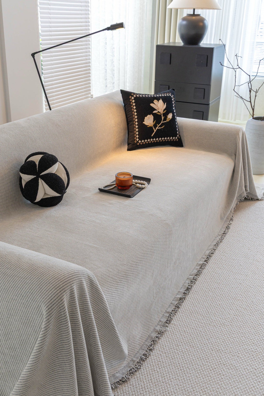 Sofa Decor Milano Ribbed Fringe Sofa Throw Cover in Cloud Grey - ribbed sofa throw cover styled couch cover in the UK, image 37