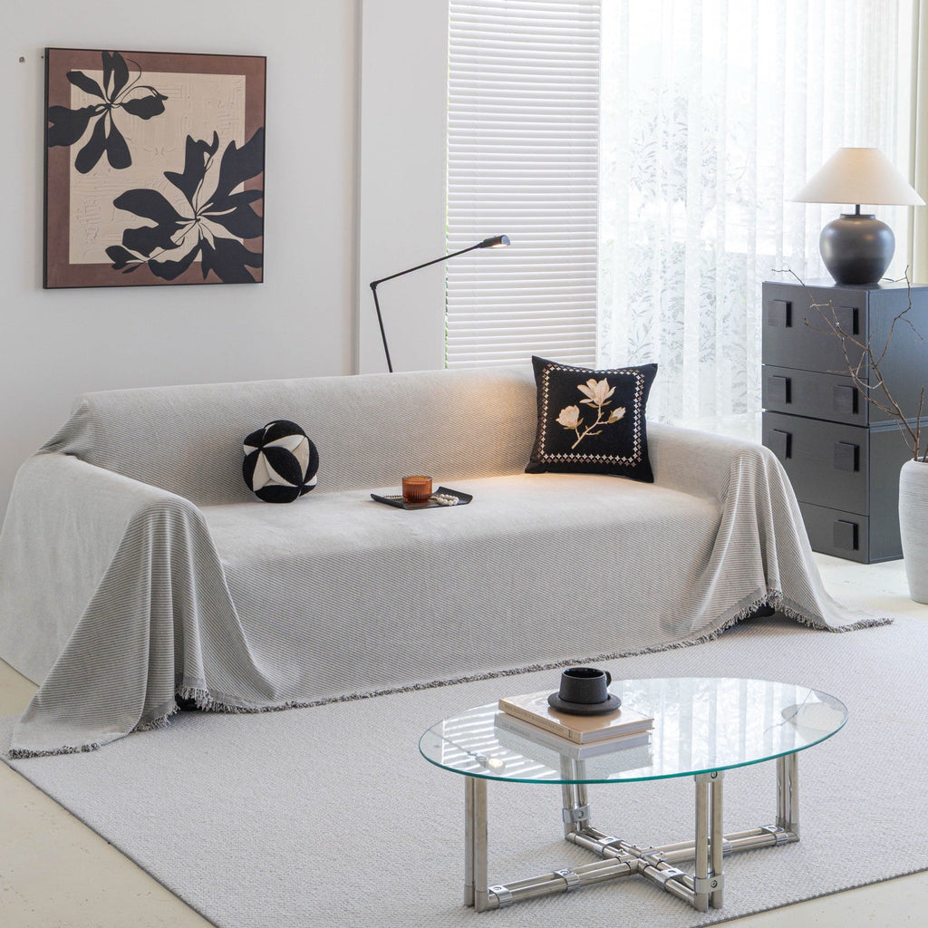 Sofa Decor Milano Ribbed Fringe Sofa Throw Cover in Cloud Grey - ribbed sofa throw cover full sofa styling in the UK, image 43