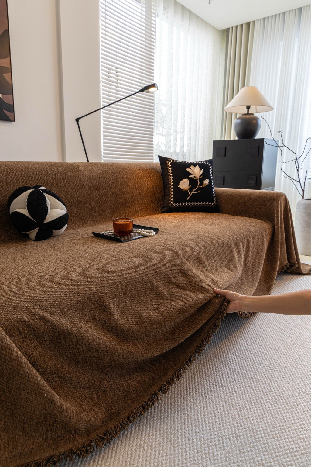 Sofa Decor Milano Ribbed Fringe Sofa Throw Cover sofa throw cover in the UK - lifestyle fit detail 4