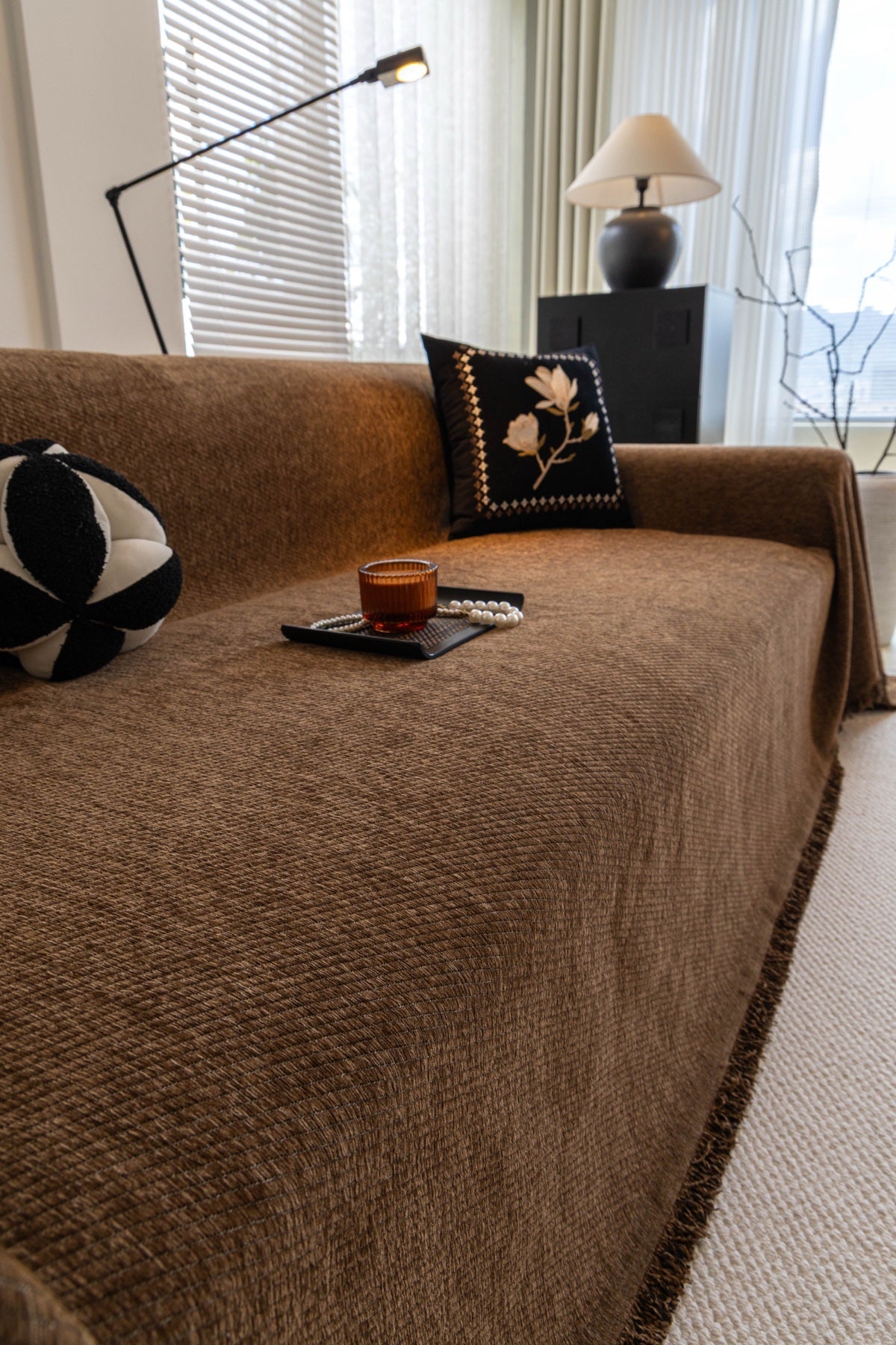 Sofa Decor Milano Ribbed Fringe Sofa Throw Cover in Cocoa Brown - ribbed sofa throw cover styled couch cover in the UK, image 5