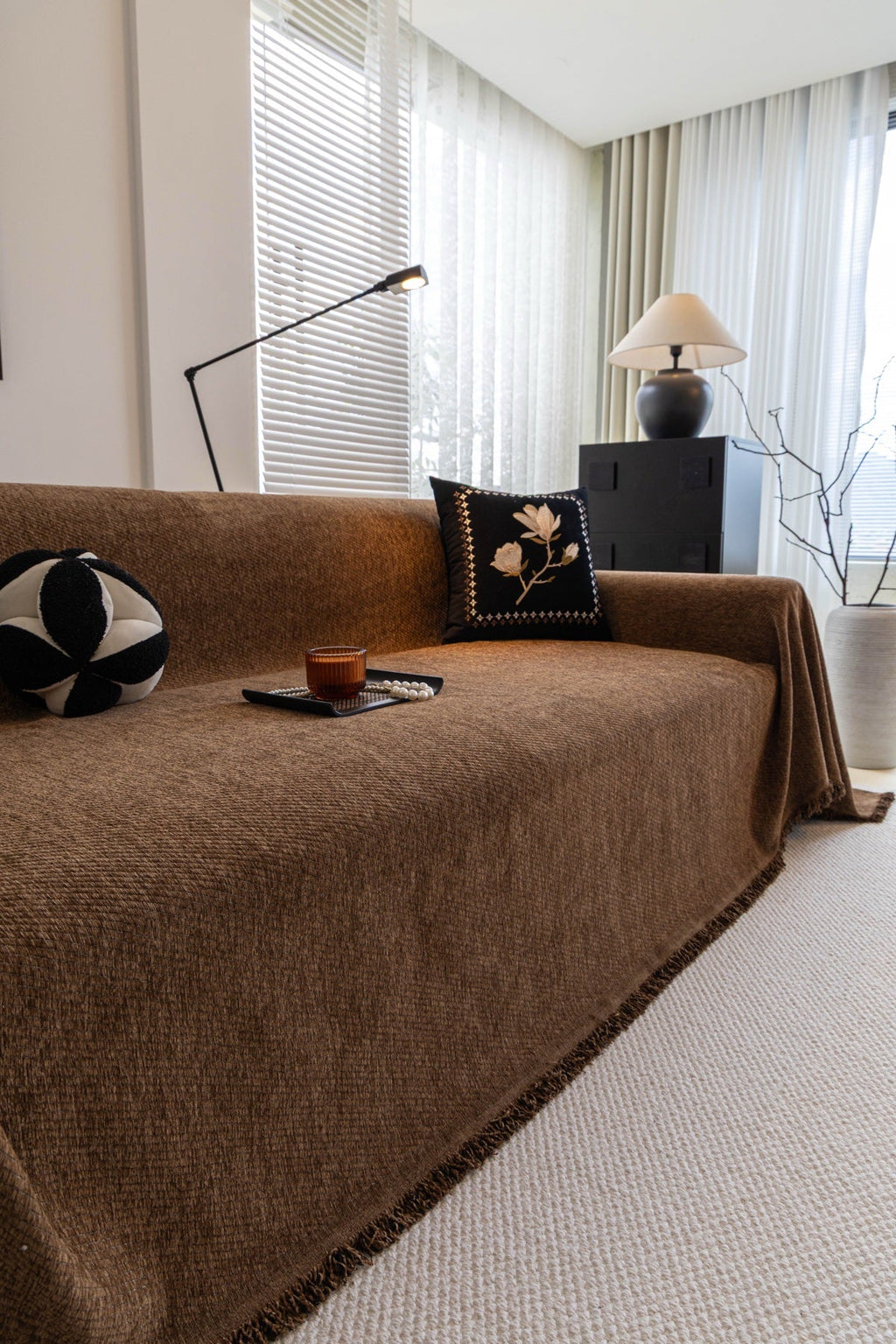 Sofa Decor Milano Ribbed Fringe Sofa Throw Cover in Cocoa Brown - ribbed sofa throw cover styled couch cover in the UK, image 6