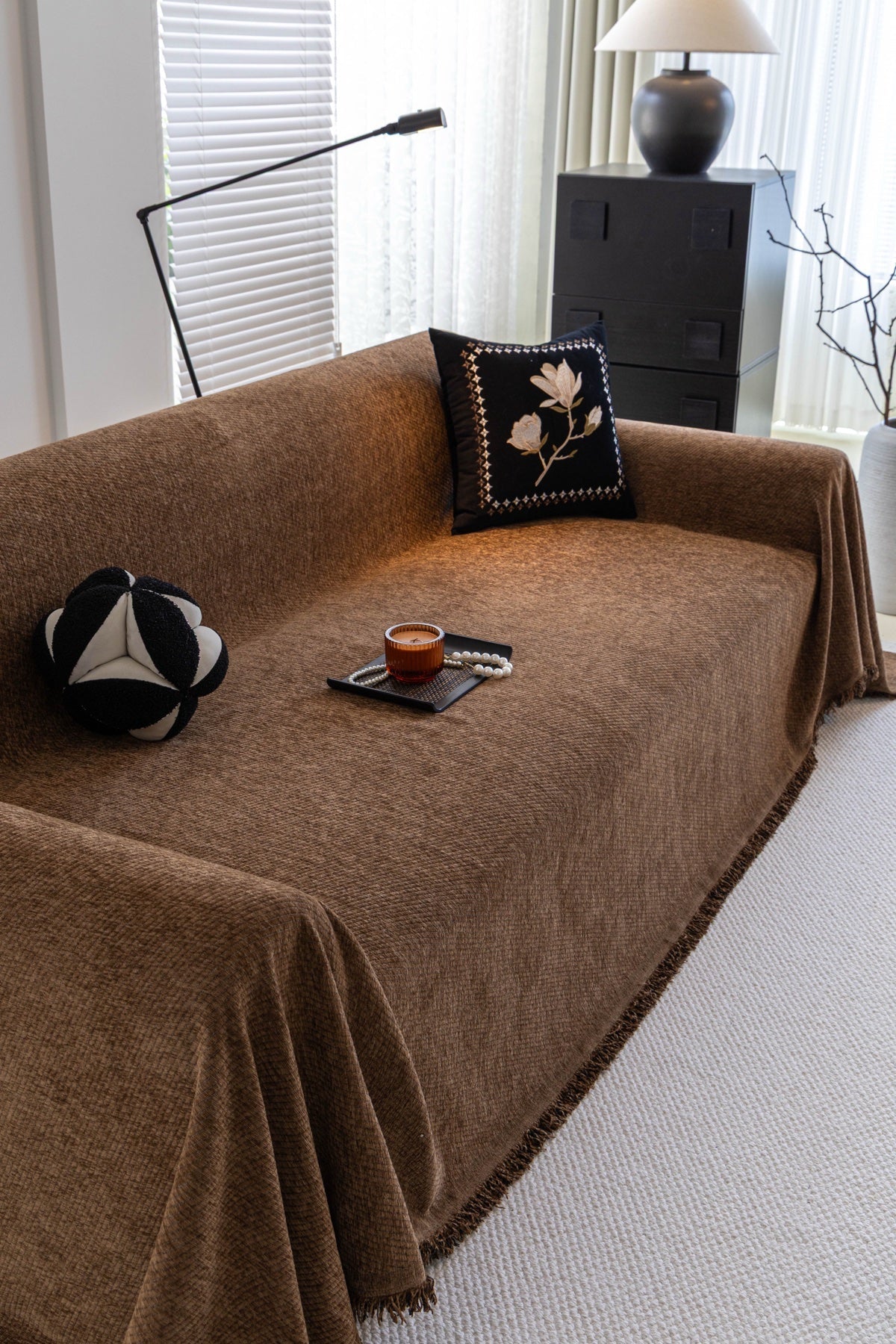 Sofa Decor Milano Ribbed Fringe Sofa Throw Cover in Cocoa Brown - ribbed sofa throw cover styled couch cover in the UK, image 8