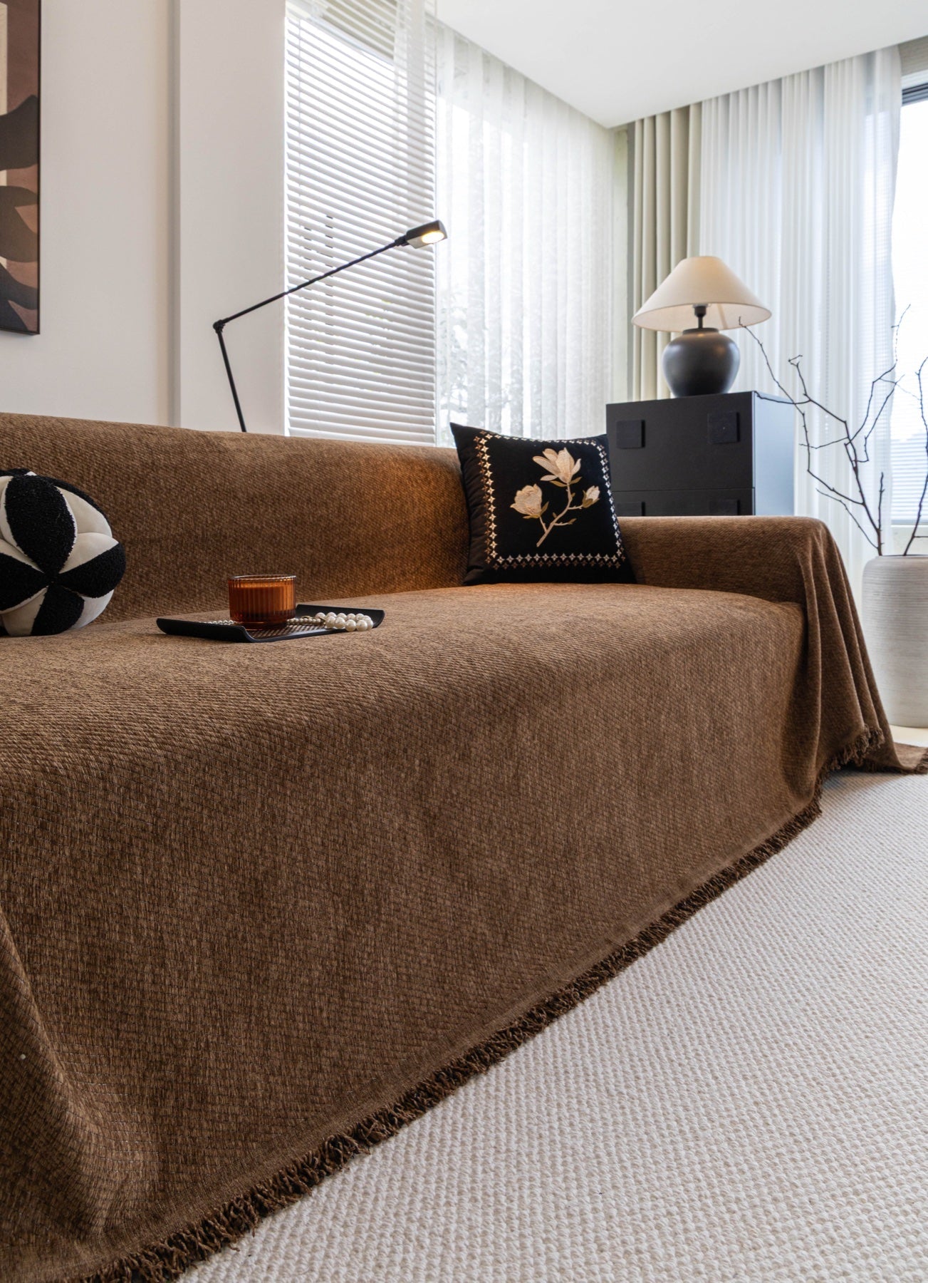 Sofa Decor Milano Ribbed Fringe Sofa Throw Cover in Cocoa Brown - ribbed sofa throw cover styled couch cover in the UK, image 10
