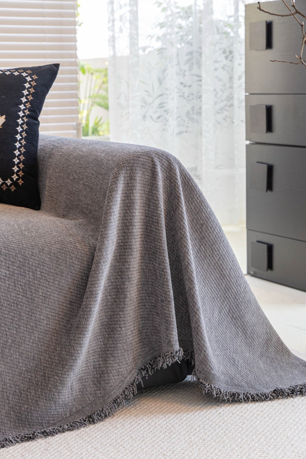 Sofa Decor Milano Ribbed Fringe Sofa Throw Cover in Warm Greige - ribbed sofa throw cover styled couch cover in the UK, image 13