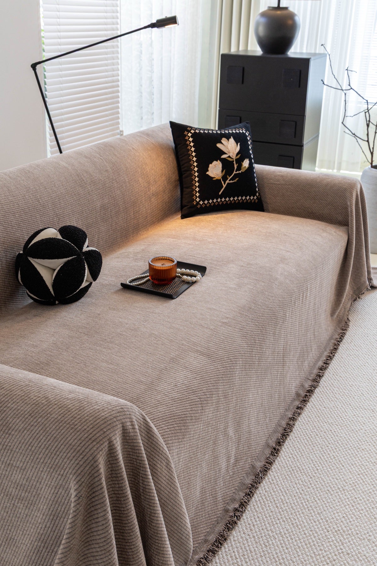 Sofa Decor Milano Ribbed Fringe Sofa Throw Cover in Warm Greige - ribbed sofa throw cover styled couch cover in the UK, image 14