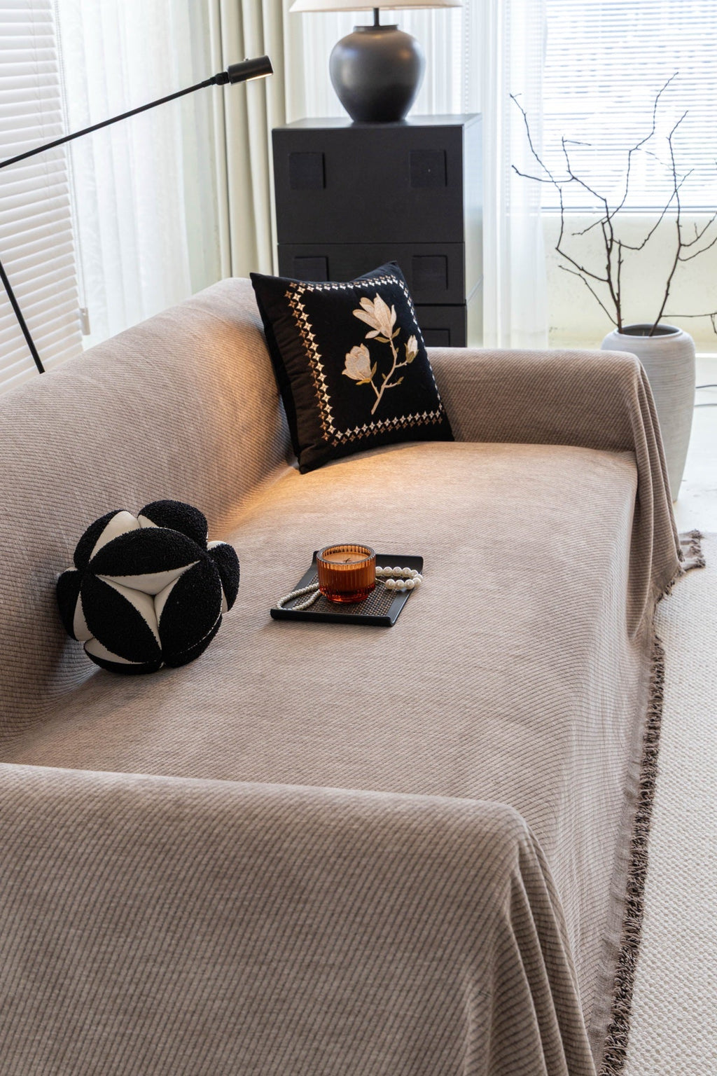 Sofa Decor Milano Ribbed Fringe Sofa Throw Cover in Warm Greige - ribbed sofa throw cover styled couch cover in the UK, image 15