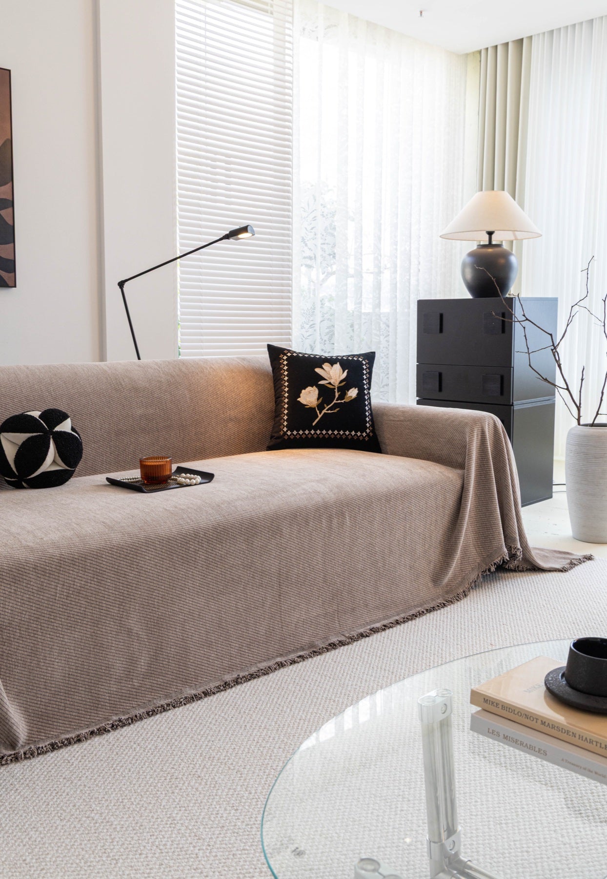 Sofa Decor Milano Ribbed Fringe Sofa Throw Cover in Warm Greige - ribbed sofa throw cover styled couch cover in the UK, image 16