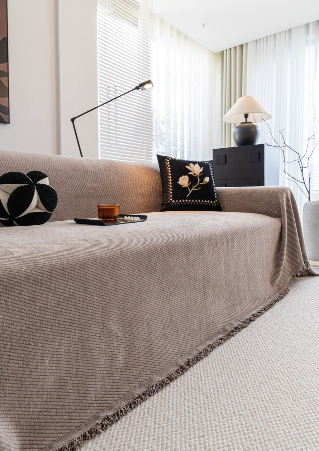 Sofa Decor Milano Ribbed Fringe Sofa Throw Cover in Warm Greige - ribbed sofa throw cover styled couch cover in the UK, image 18