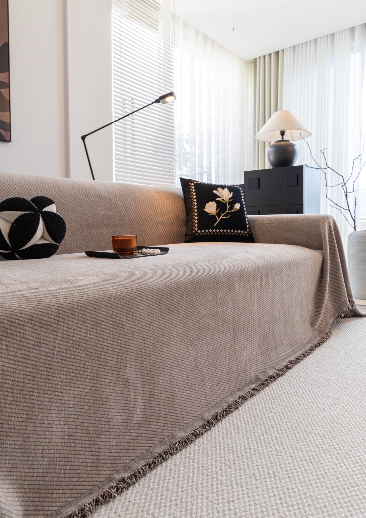 Sofa Decor Milano Ribbed Fringe Sofa Throw Cover in Warm Greige - ribbed sofa throw cover styled couch cover in the UK, image 18