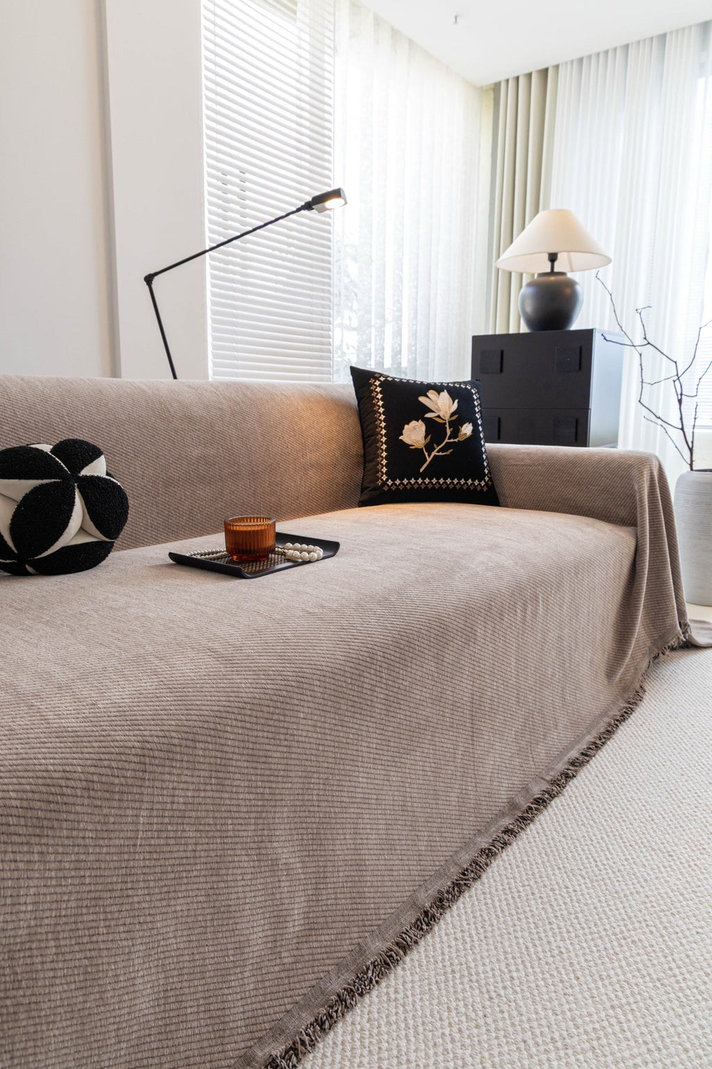 Sofa Decor Milano Ribbed Fringe Sofa Throw Cover in Warm Greige - ribbed sofa throw cover styled couch cover in the UK, image 20