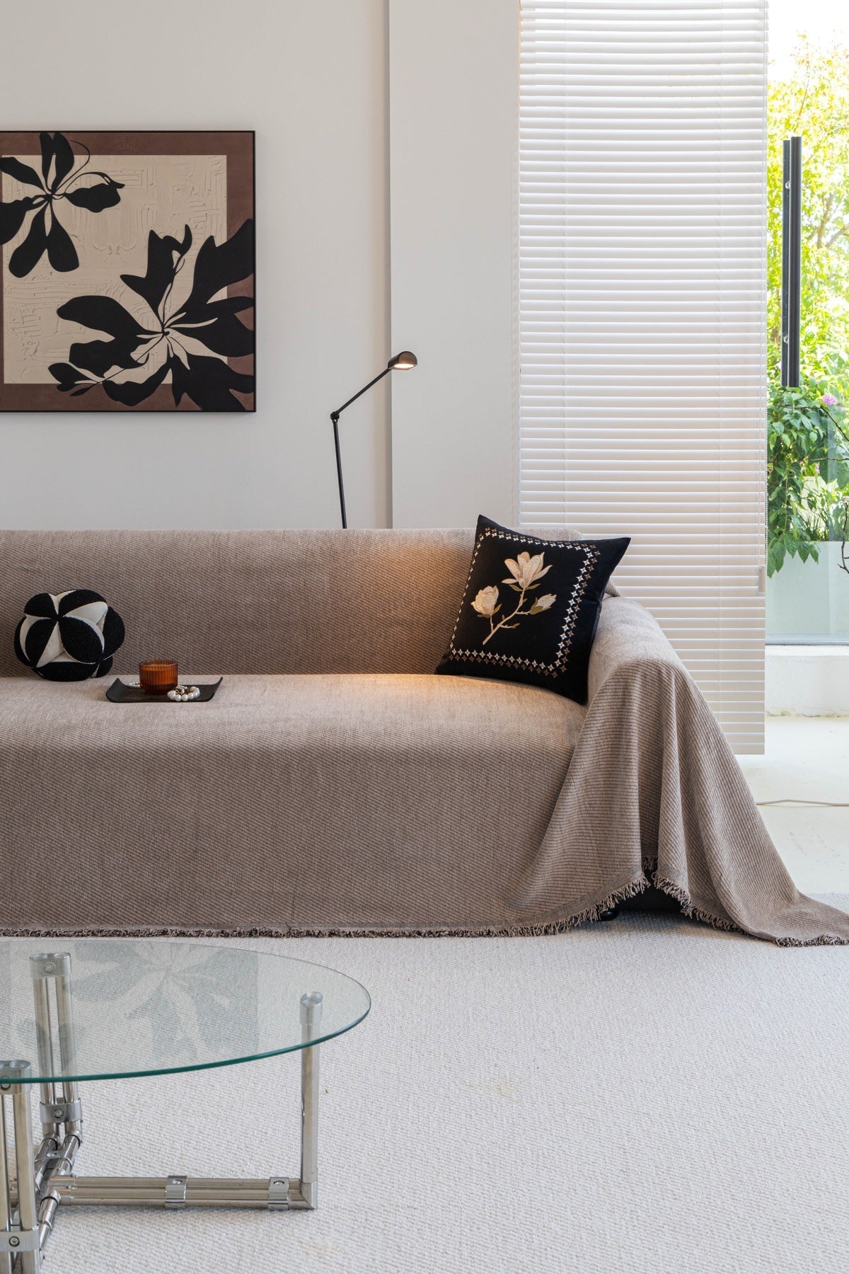 Sofa Decor Milano Ribbed Fringe Sofa Throw Cover in Warm Greige - ribbed sofa throw cover styled couch cover in the UK, image 23