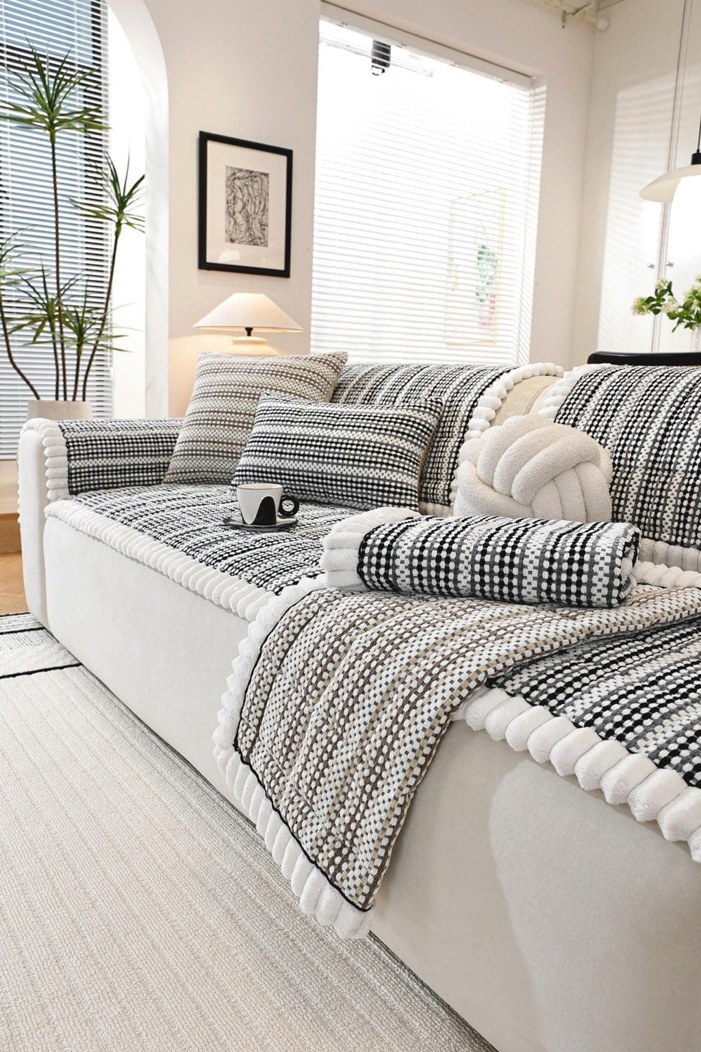 Sofa Decor Monaco Pom Edge Stripe Sofa Cover Piece - styled sofa fit view for striped pom edge sofa cover pieces in the UK, image 7
