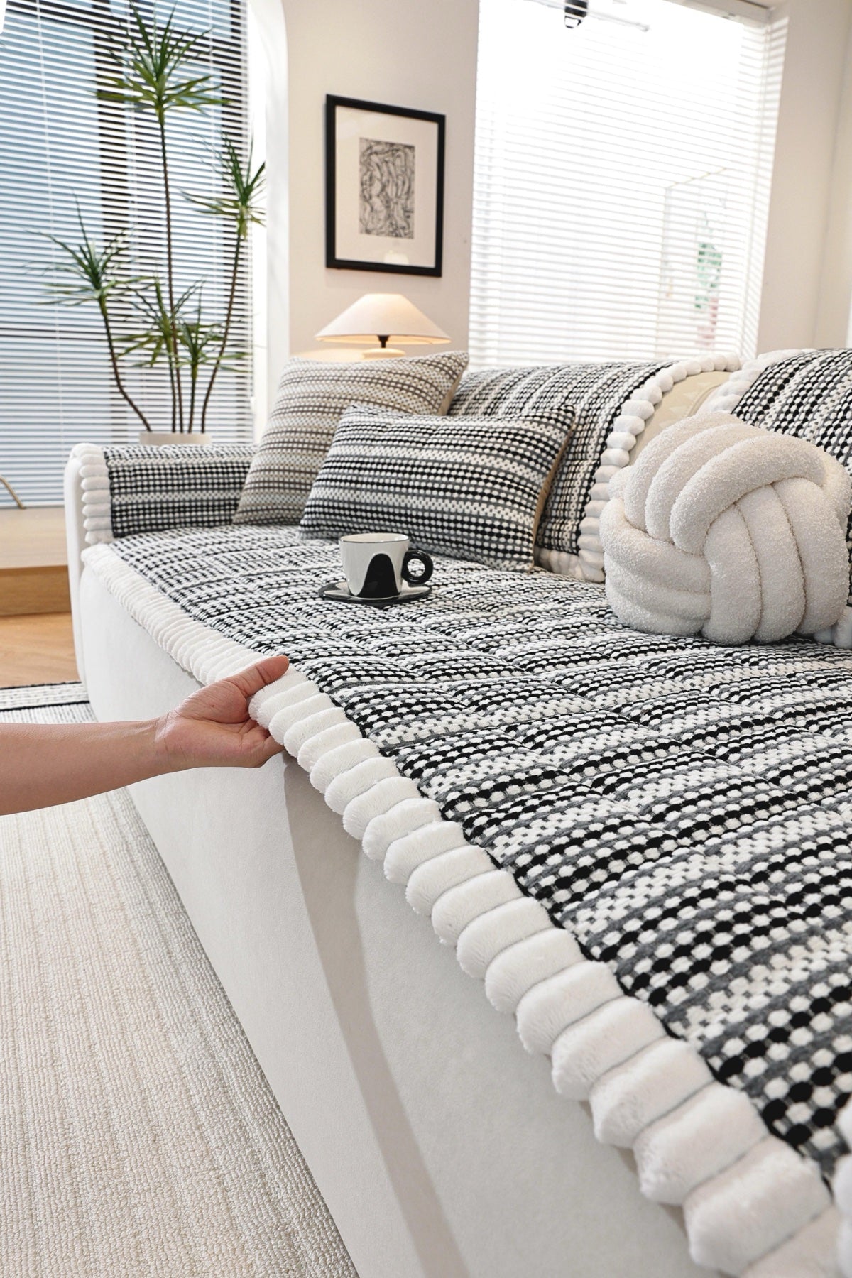 Sofa Decor Monaco Pom Edge Stripe Sofa Cover Piece - pom edge close fit view for striped pom edge sofa cover pieces in the UK, image 8