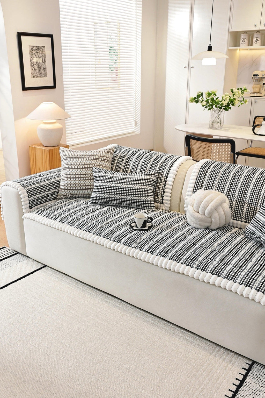 Sofa Decor Monaco Pom Edge Stripe Sofa Cover Piece - styled sofa fit view for striped pom edge sofa cover pieces in the UK, image 5