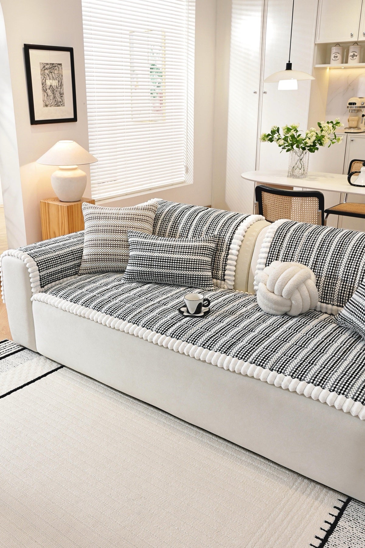 Sofa Decor Monaco Pom Edge Stripe Sofa Cover Piece - styled sofa fit view for striped pom edge sofa cover pieces in the UK, image 5