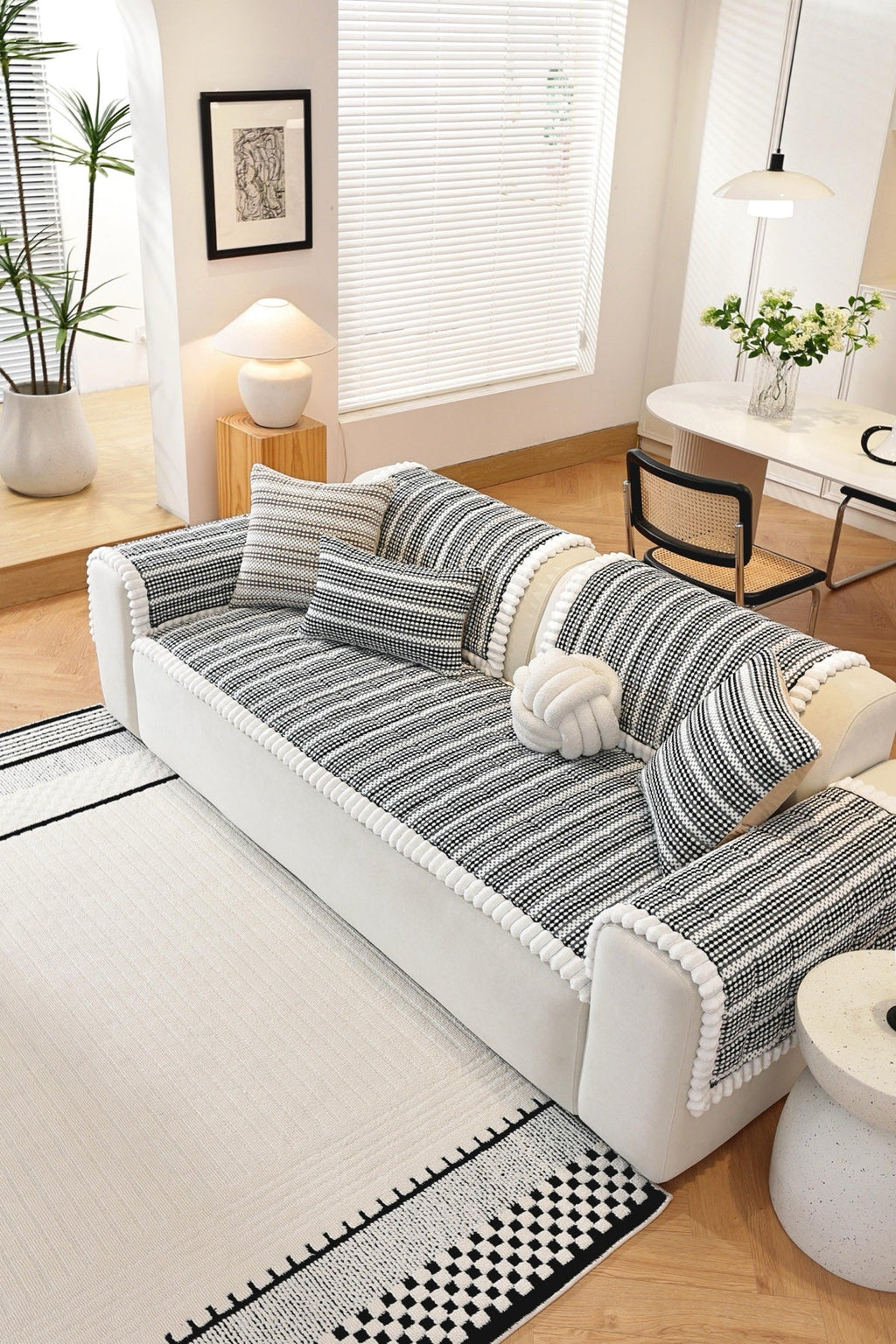 Sofa Decor Monaco Pom Edge Stripe Sofa Cover Piece - styled sofa fit view for striped pom edge sofa cover pieces in the UK, image 6