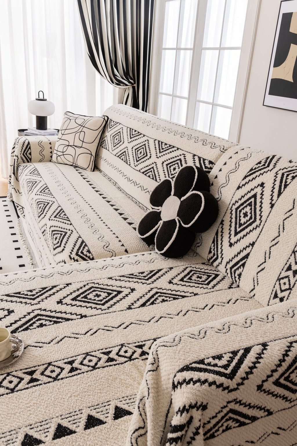 Sofa Decor Nala Geometric Plush Sofa Throw Cover in Ivory Black - geometric sofa throw cover styled couch cover in the UK, image 5