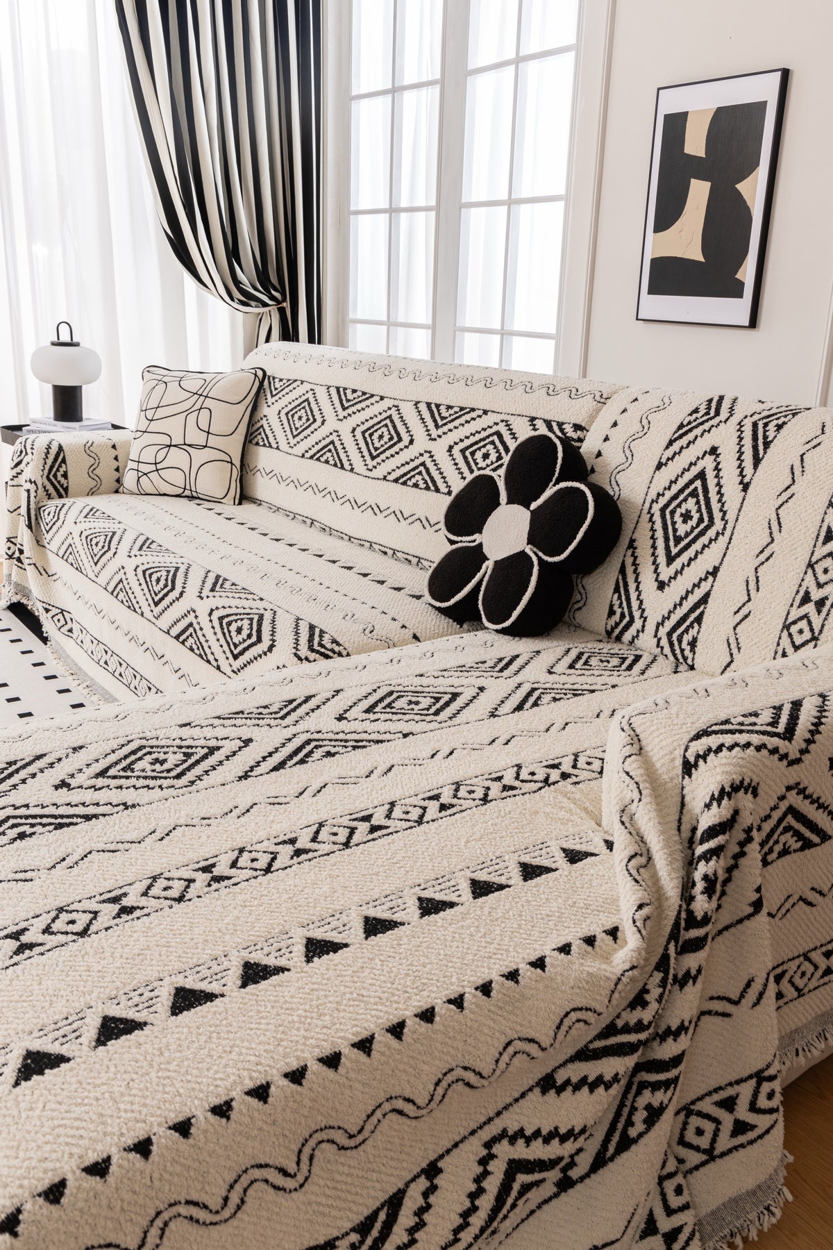 Sofa Decor Nala Geometric Plush Sofa Throw Cover in Ivory Black - geometric sofa throw cover styled couch cover in the UK, image 7