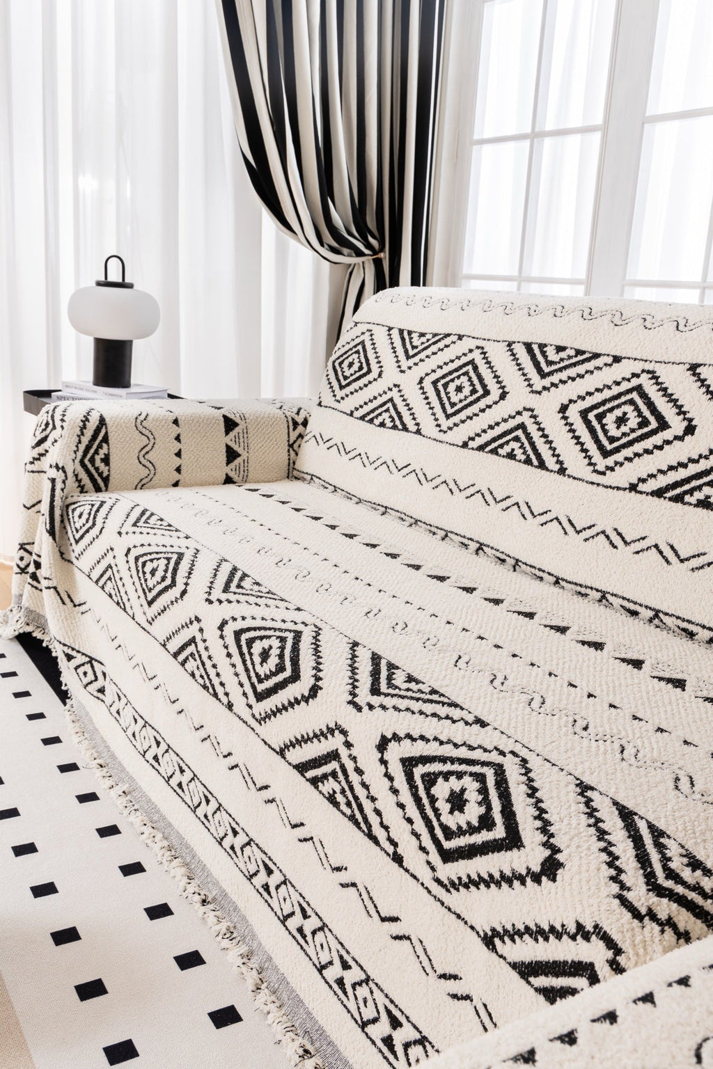 Sofa Decor Nala Geometric Plush Sofa Throw Cover in Ivory Black - geometric sofa throw cover styled couch cover in the UK, image 8