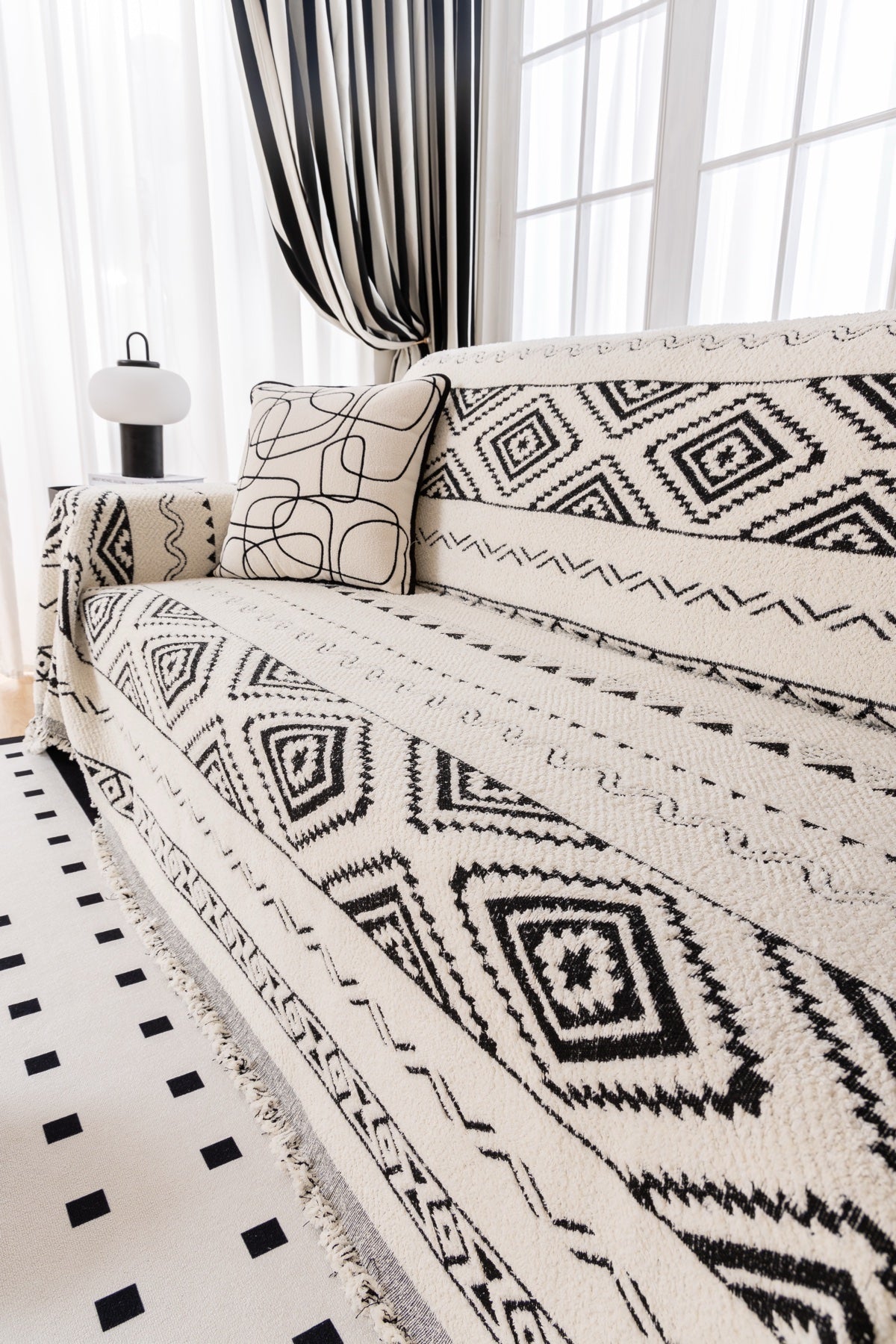 Sofa Decor Nala Geometric Plush Sofa Throw Cover in Ivory Black - geometric sofa throw cover styled couch cover in the UK, image 9