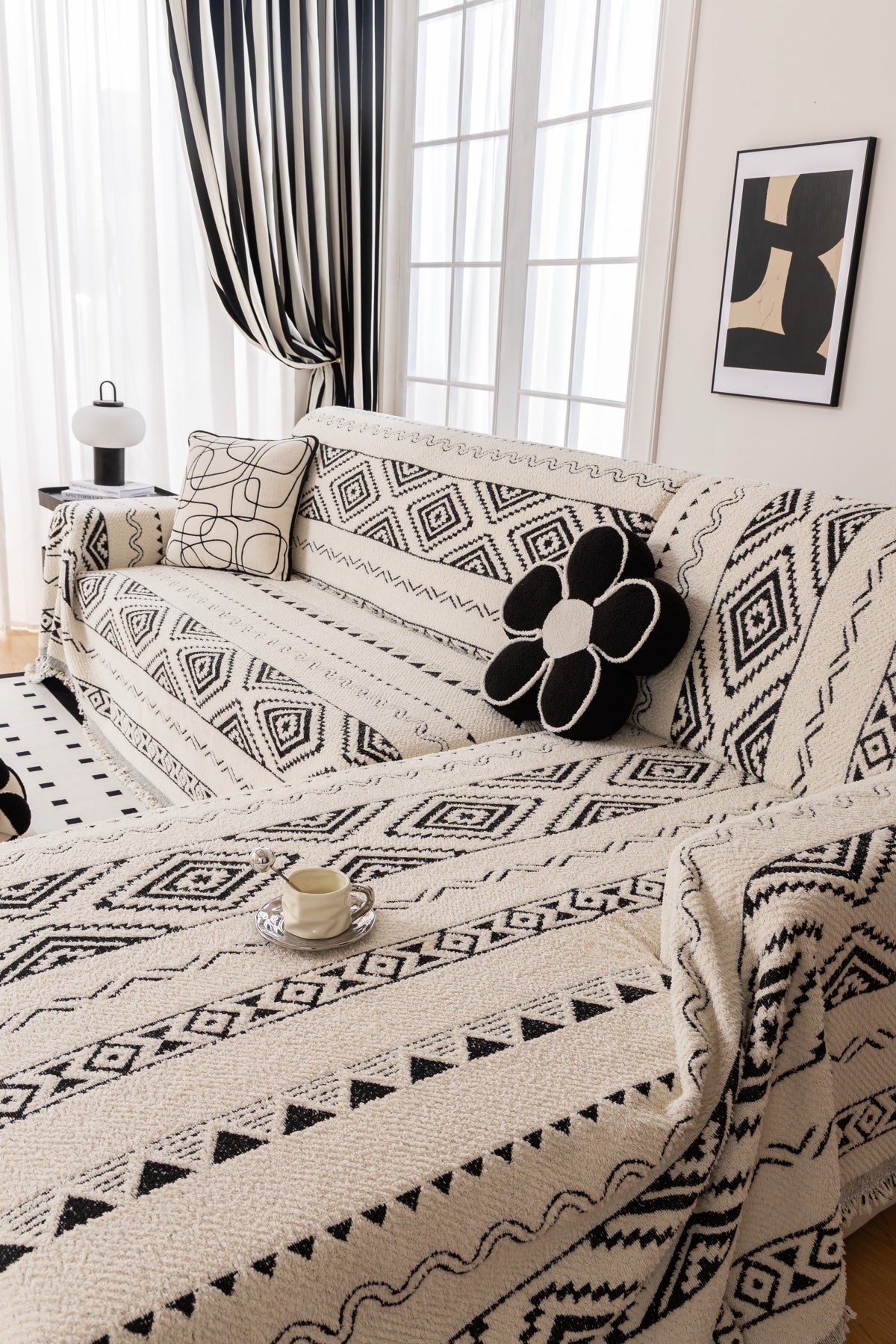 Sofa Decor Nala Geometric Plush Sofa Throw Cover in Ivory Black - geometric sofa throw cover styled couch cover in the UK, image 10