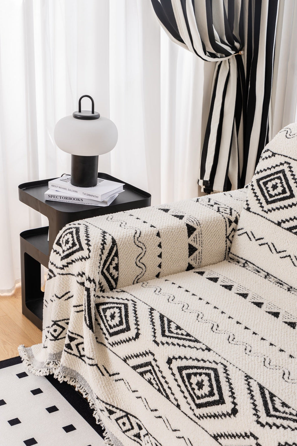 Sofa Decor Nala Geometric Plush Sofa Throw Cover in Ivory Black - geometric sofa throw cover styled couch cover in the UK, image 11