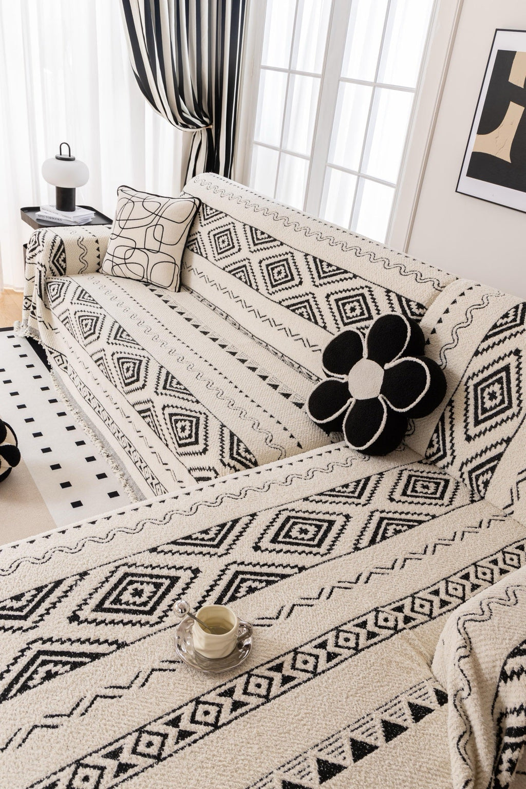 Sofa Decor Nala Geometric Plush Sofa Throw Cover in Ivory Black - geometric sofa throw cover styled couch cover in the UK, image 12
