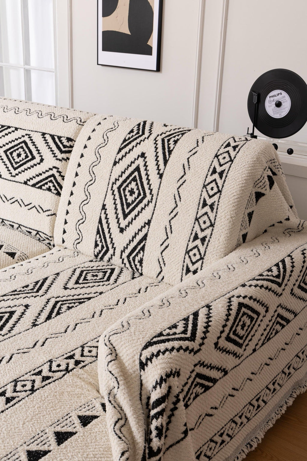 Sofa Decor Nala Geometric Plush Sofa Throw Cover in Ivory Black - geometric sofa throw cover styled couch cover in the UK, image 13
