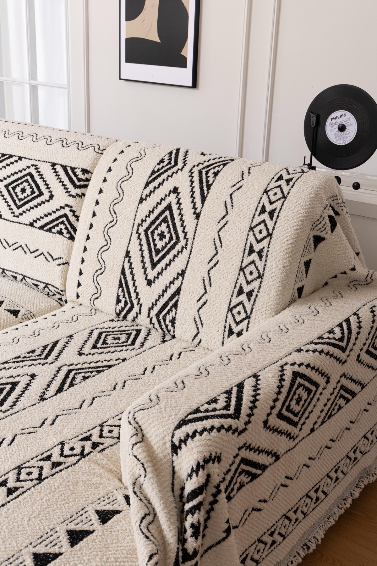 Sofa Decor Nala Geometric Plush Sofa Throw Cover in Ivory Black - geometric sofa throw cover styled couch cover in the UK, image 13
