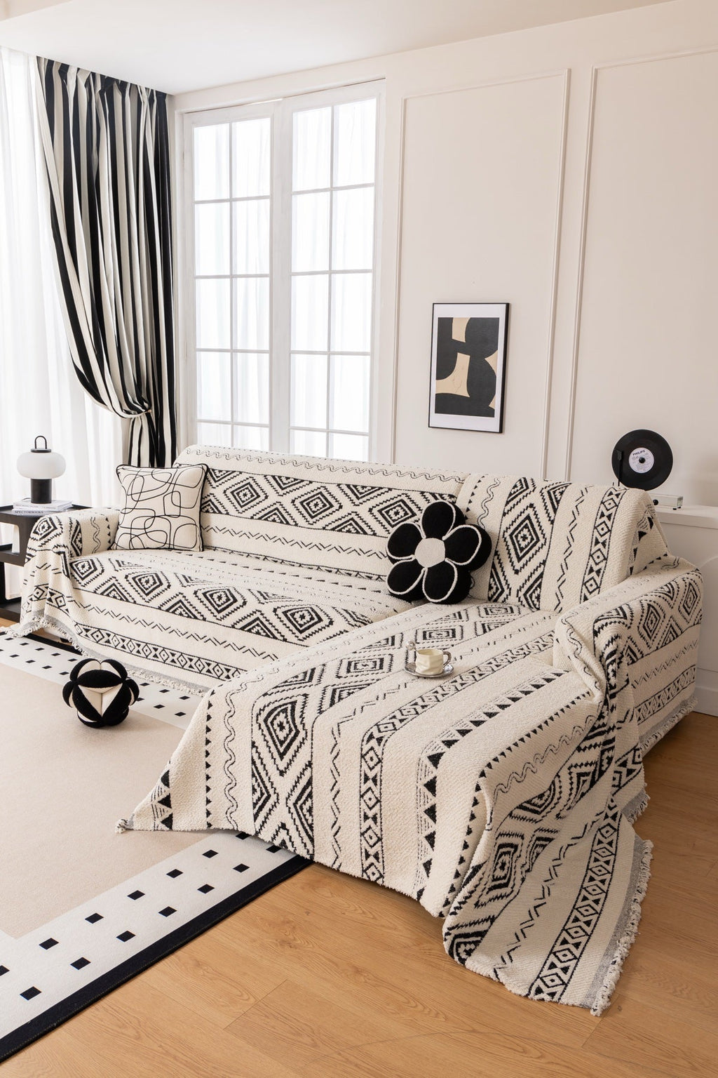 Sofa Decor Nala Geometric Plush Sofa Throw Cover in Ivory Black - geometric sofa throw cover styled couch cover in the UK, image 14