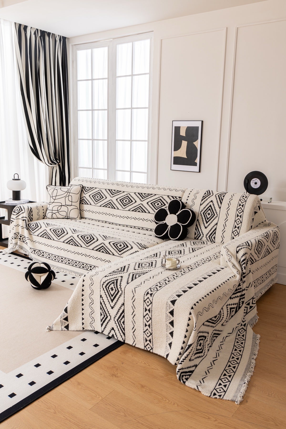 Sofa Decor Nala Geometric Plush Sofa Throw Cover in Ivory Black - geometric sofa throw cover styled couch cover in the UK, image 14