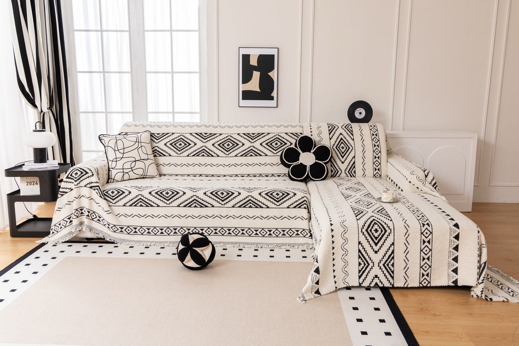 Sofa Decor Nala Geometric Plush Sofa Throw Cover in Ivory Black - geometric sofa throw cover full sofa styling in the UK, image 15