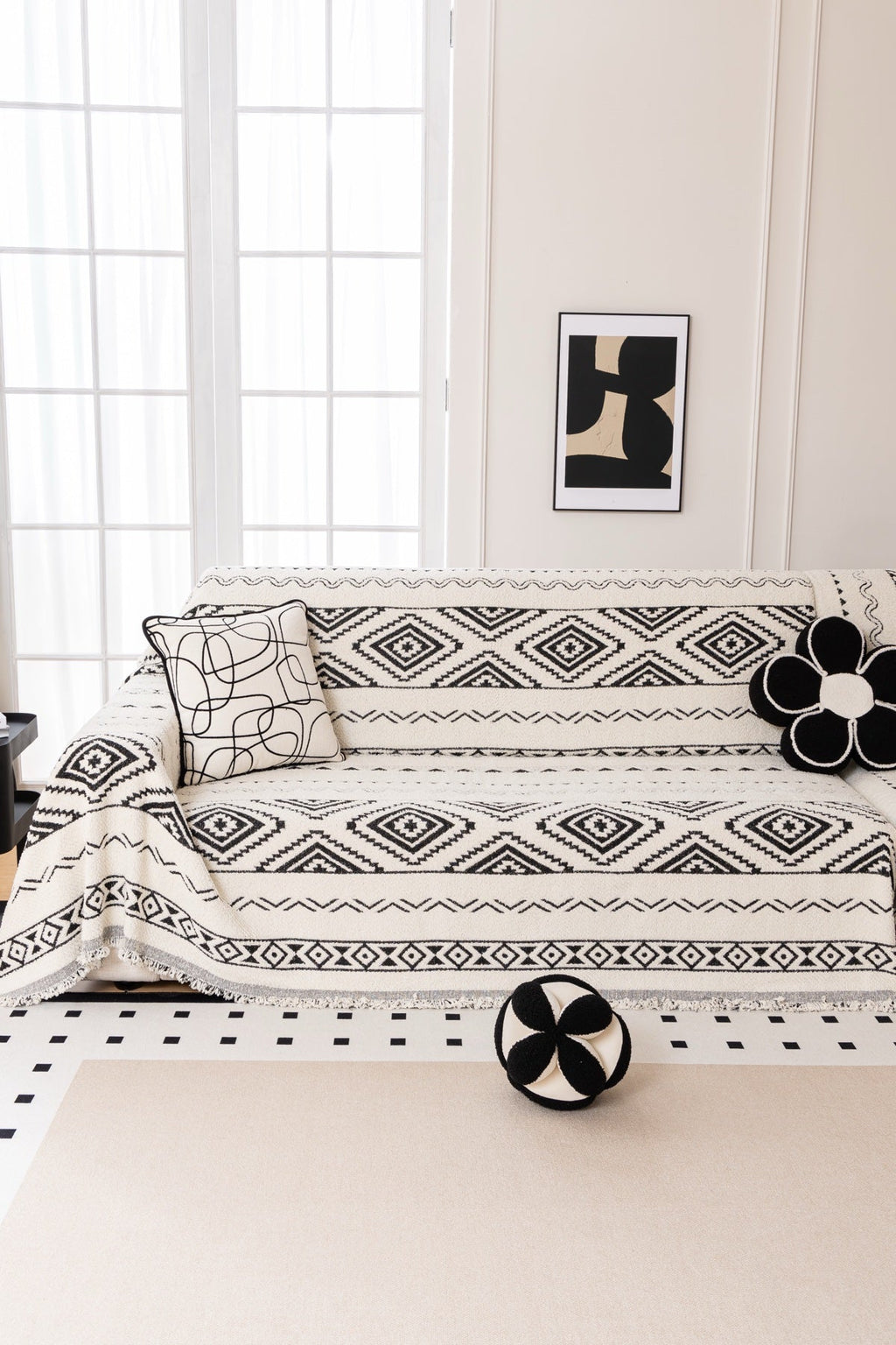 Sofa Decor Nala Geometric Plush Sofa Throw Cover in Ivory Black - geometric sofa throw cover full sofa styling in the UK, image 16
