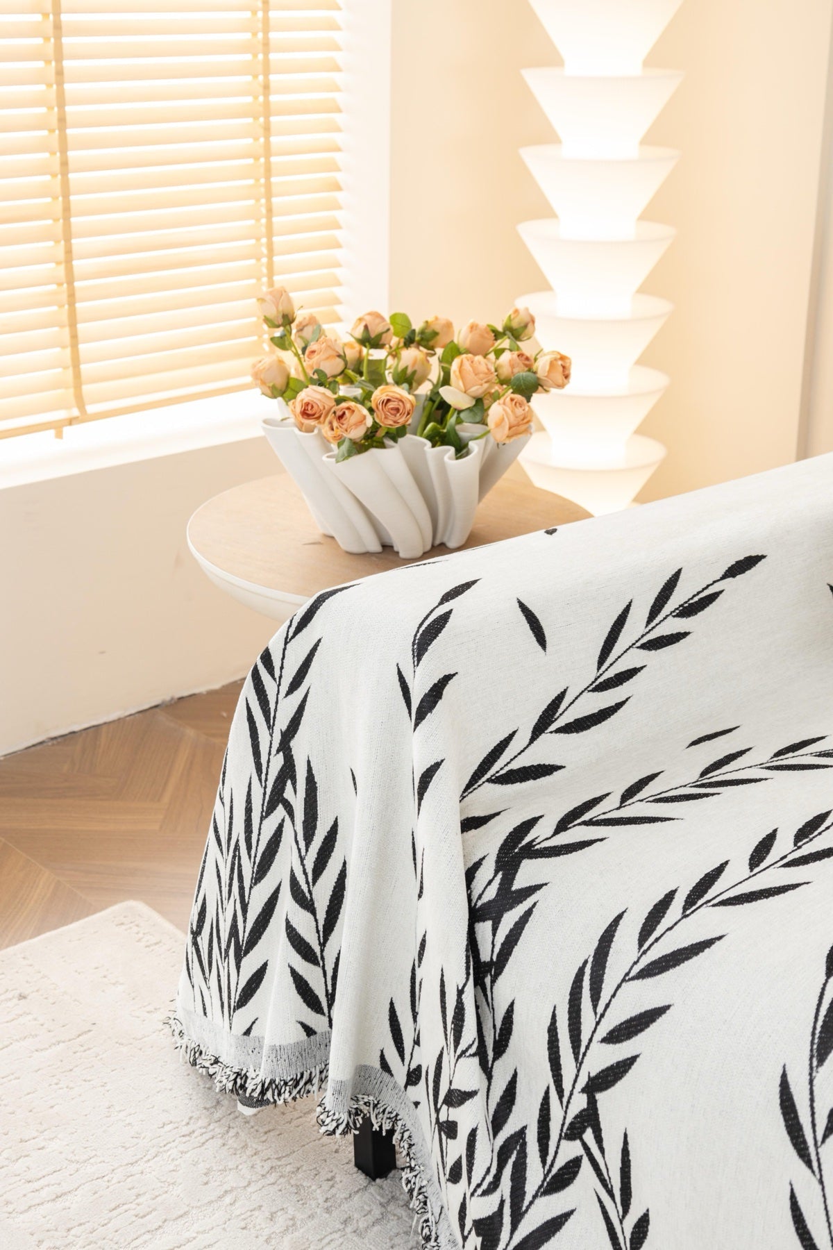 Sofa Decor Oliva Leaf Fringe Sofa Throw Cover in Black Leaf - leaf pattern sofa throw cover styled couch cover in the UK, image 33